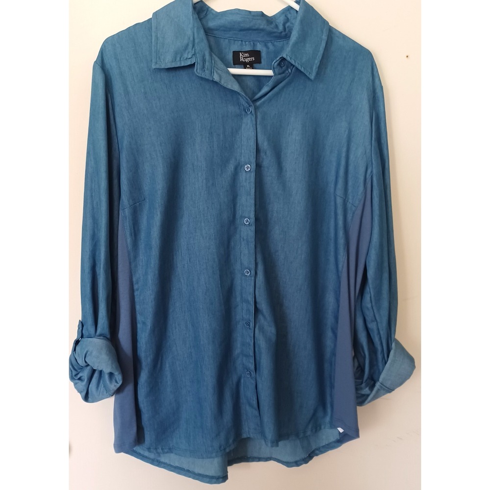 Kim Rogers Button Down Shirt Womens XL Blue Mixed Media Knit Panel Long Sleeve